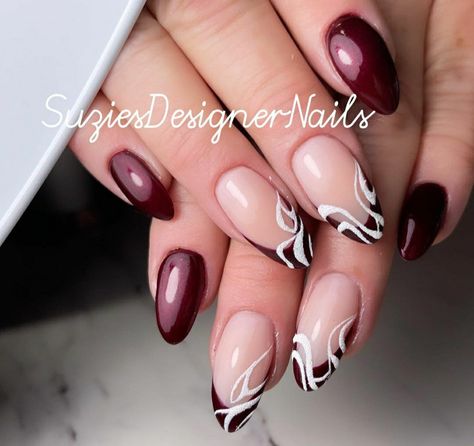 Maroon And White Nails Design, Swirl Nail, Acrylics Nails, Olive Nails, Swirl Nail Art, Maroon Nails, Nude Nail Designs, White French Tip, French Nail Art