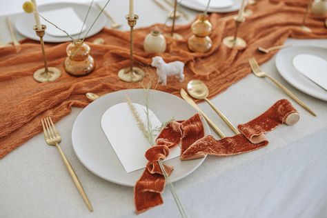 Burnt Orange Table Setting, Burnt Orange Table Runner, Wedding Countdown Checklist, Orange Boho Wedding, Orange Quinceanera, Wedding Arbor Decor, Cheesecloth Table Runner Wedding, Farm Reception, Orange Weddings