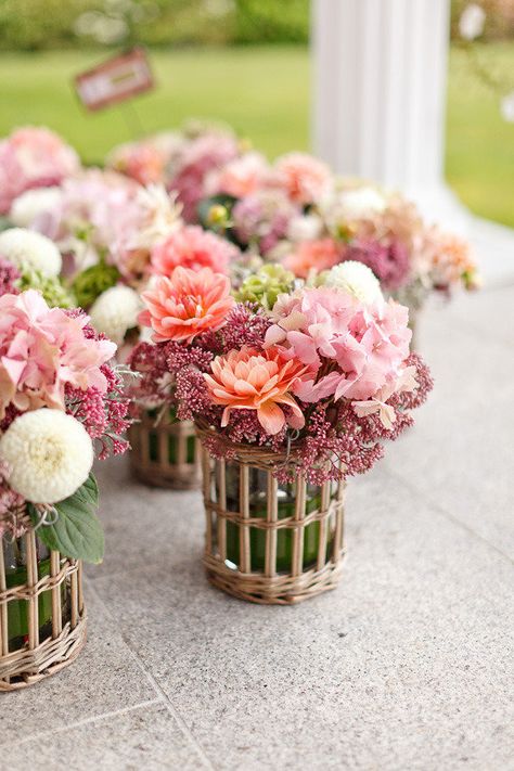 wicker votives as vases Wicker Wedding, Pink Centerpieces, Unique Destination Wedding, River Wedding, Flower Installation, Wedding Vases, Wedding Pins, Floral Garden, The Vault