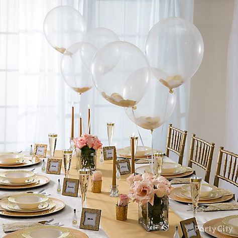 Birthday Party Centerpiece Ideas, Party Centerpiece Ideas, Blush Wedding Theme, City Party, Balloon Centerpiece, Gold Table Runners, Bridesmaid Luncheon, Clear Balloons, Elegant Wedding Reception