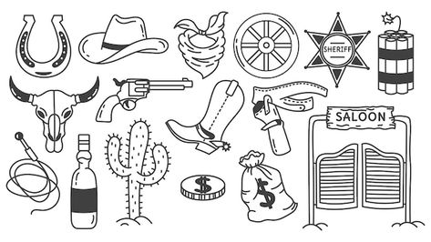 Skull With Cowboy Hat Tattoo, Cowboy Doodles, Doodle Elements, Country Tattoos, Sheriff Badge, Cute Tattoos For Women, American Traditional Tattoo, Feminine Tattoos, American Traditional