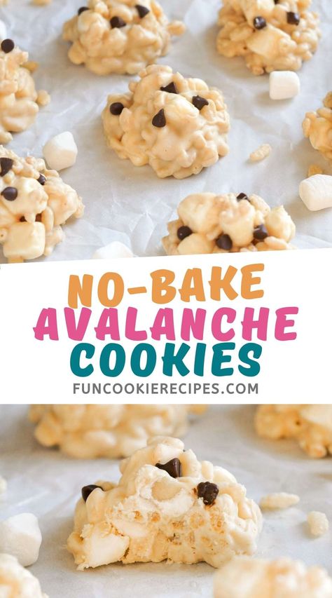 Cookies With Rice Krispies In Them, Mini Marshmallow Recipes, Peanut Butter Marshmallow Cookies, Cookies With Marshmallows, Daycare Treats, Nut Free Candy, Fun Cookie Recipes, Avalanche Cookies, Chocolate Chip Marshmallow Cookies