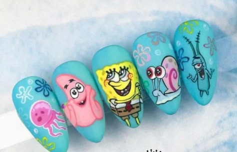 Spongebob And Patrick Nails, Spongebob Nail Art, Nail Art Dessin, Spongebob Nails, Black Acrylic Nail Designs, Rave Nails, Fish Nails, Stilleto Nails Designs, Sponge Nails