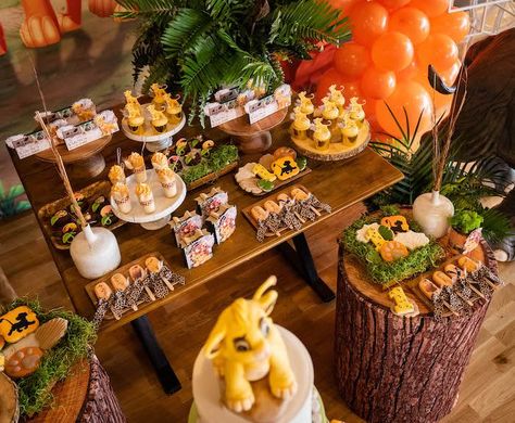 Lion King Dessert Table from a Lion King Birthday Party via Kara's Party Ideas | KarasPartyIdeas.com Lion King Dessert Table Ideas, Lion King Treat Table, Lion King Baby Shower Dessert Table, Lion King Treats Ideas, Lion King Dessert Table, Lion King Desserts, Lion King Gender Reveal Ideas, Lion King Party Food, Lion King Cupcakes