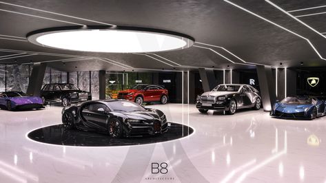 Emirates Hills · Interior Design | B8 Architecture and Design Studio B8 Architecture, Car Showroom Interior, Emirates Hills, Farmhouse Garage, Garage Design Interior, Luxury Car Garage, Luxury Garage, Hill Interiors, Garage Interior