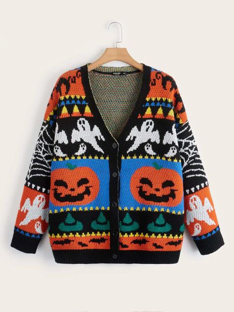 Halloween Mode, Shoulder Cardigan, Ghost Pattern, Drop Shoulder Cardigan, Pumpkin Ghost, Plus Size Cardigans, Halloween Fashion, Grunge Style, Dark Fashion