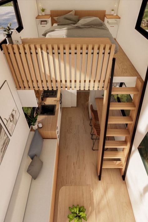 Tiny House Bed Loft, Japan Tiny House Design, Japanese Interior Design Small Spaces Tiny Homes, Tiny House Features, Tiny Loft Bedroom Ideas, Tiny House Mezzanine, Creative Tiny House, Tony House Interior Design, Tiny House Portable