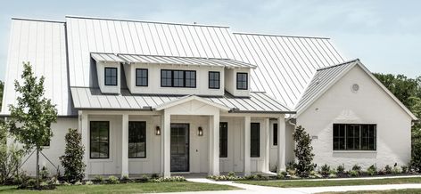 White brick black windows and silver metal roof Brick House With Metal Roof, House With Metal Roof, White Brick House, Brick House Colors, Farmhouse Exterior Colors, Brick Farmhouse, Metal Roof Houses, Exterior House Renovation, Roofing Ideas