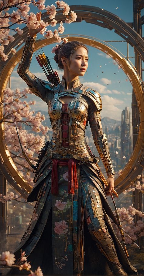 She is dressed in a beautifully detailed traditional outfit with patterns that might be found on a kimono😍 Cyberpunk Afterlife, Warrior Outfits Female, Female Archer, Japanese Art Samurai, Bow Drawing, Divine Proportion, Dragon Tattoo Art, Japanese Dragon Tattoo, Women Warriors