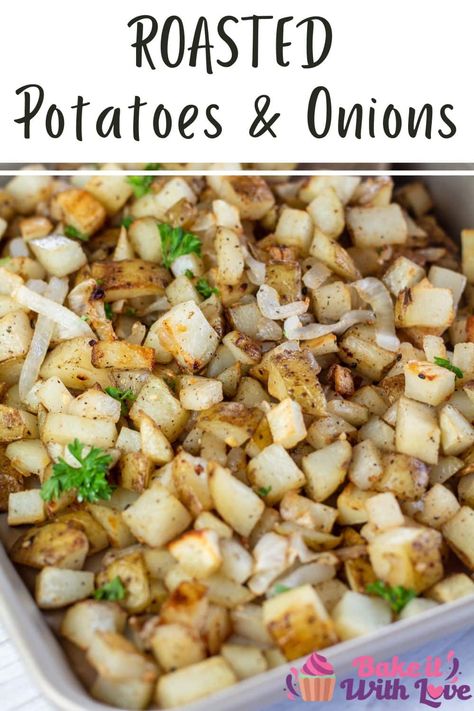 Roasted potatoes & onions are a simple and easy side dish that pairs well with everything and everyone loves! They are seasoned with some common spices and tossed in oil for an effortless addition to any meal. Go ahead and make extra, because you won't have any leftovers here! BakeItWithLove.com #bakeitwithlove #roasted #potatoes #onions #side #recipe Roasted Potatoes And Onions, Baked Onions, Potatoes And Onions, Potatoes In Oven, Roasted Red Potatoes, Oven Roasted Potatoes, Seasoned Veggies, Potatoes Onions, Easy Potato Recipes