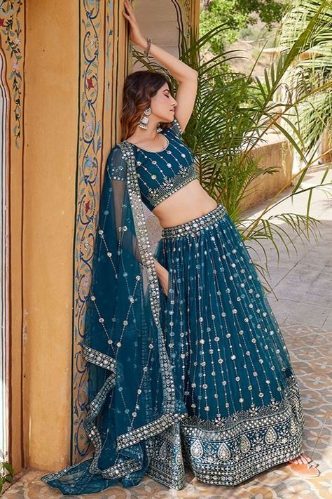 Peacock Blue Embroidered Net Lehenga Choli for Wedding Peacock Blue Lehenga, Lehenga Style Saree, Bridal Lehenga Online, Readymade Salwar Kameez, Lehenga Choli Wedding, Cotton Salwar Kameez, Crepe Saree, Indian Salwar Kameez, Net Lehenga