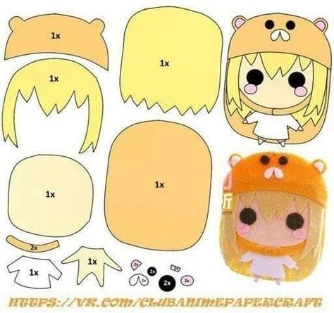 Anime Felt Pattern, Diy Plushies Patterns Free, Felt Doll Tutorial, Anime Diys, Felt Doll Patterns, Umaru Chan, Kawaii Crafts, Anime Paper, Desain Quilling