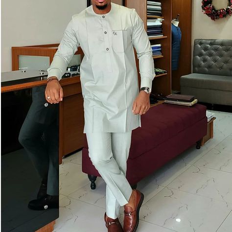 Kaftan Men Two Piece Outfit Set African Men Suit Solid Color Simple Casual Business Top and Pants Senator Styles, African Men Clothing, Senator Wears, Men Kaftan, Costume Africain, Suit Man, Sets Outfit, Dashiki Shirt, African Clothing For Men