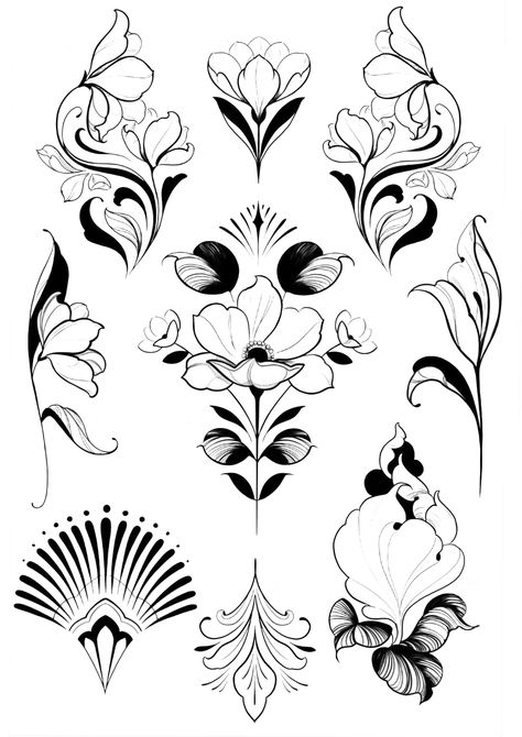 Tattoo Ideas For Fillers, Flower Bunch Tattoo Design, Small Art Nouveau Tattoo, Art Deco Floral Tattoo, Blackwork Flower Tattoo Design, Gothic Ornamental Tattoo, Bold Ornamental Tattoo, Flower Flash Sheet, Symmetrical Flower Tattoo