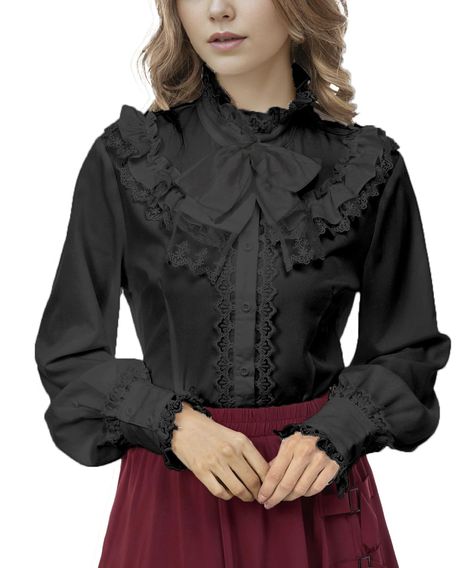 PRICES MAY VARY. [STYLE]: long sleeve ladies blouse with a unique blend of vintage, Victorian, renaissance and steampunk elements. [FEATURES]: button placket, stand-up collar design, big bow, ruffles, cute lantern sleeves, vintage lace, lovely gothic lolita style. [Material]: made of skin-friendly, breathable, lightweight, soft polyester fabric, slim fit wearing comfortable. [Occasions]: Suitable for role-playing parties, masquerade parties, Halloween themed parties, steampunk gatherings, renais Cute Lantern, Steampunk Elements, Victorian Shirt, Ruffled Tops, Stand Collar Blouse, Victorian Blouse, Become A Fashion Designer, Ladies Blouse, Big Bow