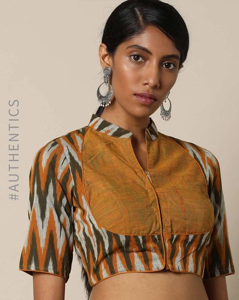 Buy Indie Picks Women Mustard Yellow Handloom Ikat Cotton Blouse | AJIO Cotton Blouse Pattern, Kalamkari Blouse Designs, Trending Blouse, Mustard Yellow Blouse, Neck Patterns, Long Blouse Designs, Blouse Designs High Neck, Cotton Saree Blouse Designs, Cotton Blouse Design