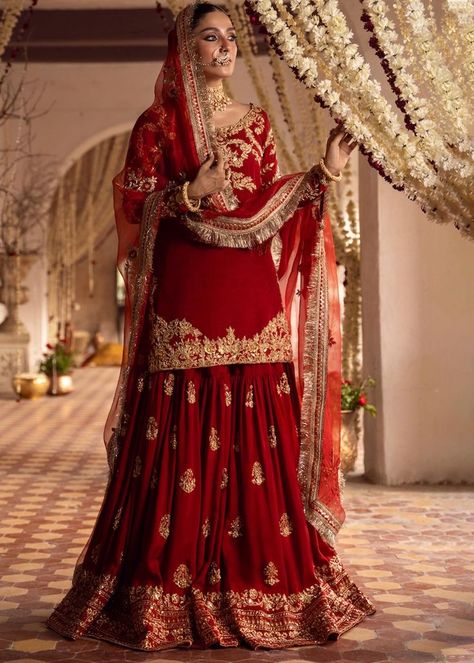 Farshi Gharara, Ayeza Khan, Amazing Ideas, Raw Silk, Silk Shirt, Fancy Dresses, Red, Dresses