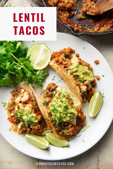 These lentil tacos are a perfect vegan midweek meal! Stuffed with spicy lentil taco "meat" and piled high with your favorite taco toppings, they're as delicious as they are easy to make. Lentil Taco Meat, Lentil Tacos Recipes, Veg Tacos, Vegan Taco Meat, Vegan Tacos Meat, Vegetarian Meatballs, Taco Toppings, Healthy Vegan Dinner Recipes, Lentil Tacos