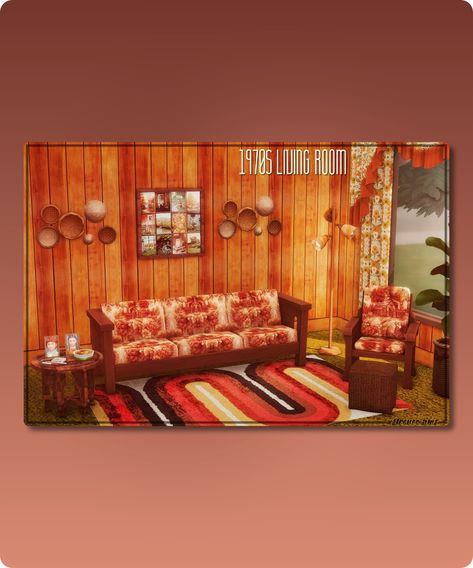 This is a living room that represented a realistic view of middle class America during the 70s. Author: strenee sims Learn more at: streneesims.com #gaming #sims #furniture #realistic #sims4cc #sims4 Sims 4 80s Furniture, Sims 4 70s Cc Furniture, Sims 4 80s, 60s Room, 1970s Living Room, 80s Furniture, Living Room Sims 4, 1970s Furniture, Sims Furniture