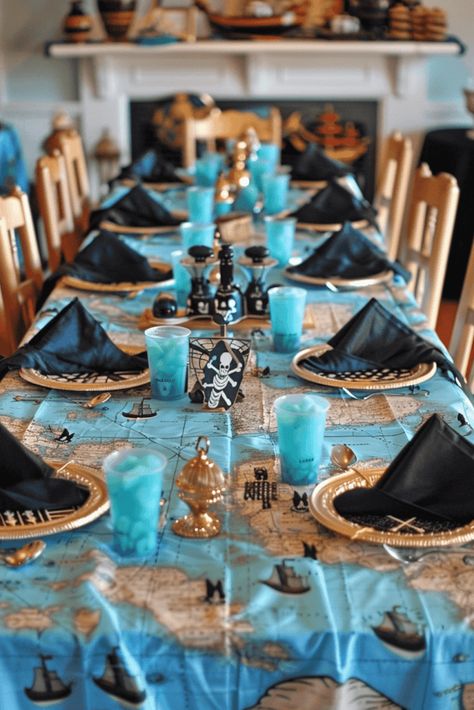 pirate table for birhday party Modern Pirate Birthday Party, Pirate Party Table, 10th Birthday Party Ideas, Pirate 5th Birthday Party, Three Year Old Pirate Party, Jake And The Neverland Pirates Party, Jake And Neverland Pirates Party, Kids Pirate Party, Pirate Themed Birthday Party