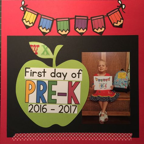 First+Day+of+Pre-K - Scrapbook.com Pre K Scrapbook Ideas, Pre K Books, Kindergarten Collage, Scrapbooking Graduation, Preschool Scrapbook, Ruth Brown, Toddler Scrapbook, First Day Of Pre K, Cricut Banner