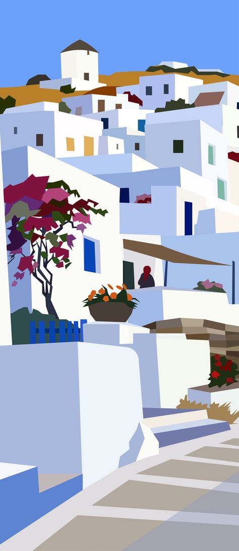 Trending Acrylic Painting Ideas, City Building Illustration, City Landscape Illustration, Santorini Illustration, Colorblock Art, Buildings Art, Greece Painting, Vector Landscape, Building Illustration