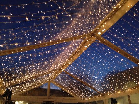 Clear tent ceiling, Lights by Get Lit, Tent by Beachview Rentals and Event Design, Event design by Walton Event Design Event Lighting Design, Clear Tent, Tent Lighting, Bistro Lights, Event Stage, Wedding Backdrop Design, Tent Design, Wedding Painting, Ceiling Treatments