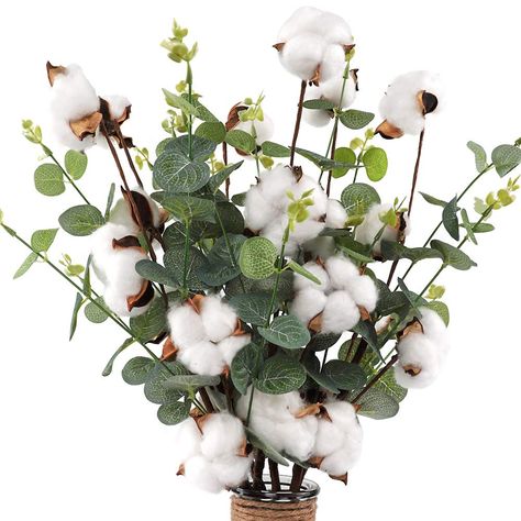 PRICES MAY VARY. [Package Contains]: 6pcs cotton stems, each with 4 cotton heads and eucalyptus leaves. [Size]: Each cotton stem is 23.5 inches long and the cotton flower head is about 2 inches in diameter. Material: natural cotton and high-quality rayon. [High Quality]: 100% handmade, the cotton stem can be adjusted at will, you bend into the shape you like. [Multi Usage]: Cotton stems are great for home decoration in farmhouse style or country style, and are also suitable for weddings, offices Cotton Bouquet, Farmhouse Vase, Feuille Eucalyptus, Cotton Boll, Cotton Stems, Floral Wedding Decorations, Cotton Wreath, Floral Decoration, Diy Farmhouse