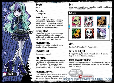 Twyla Boogie's BIO🙈✏ Monster High Biography, Monster High Diary Illustrations, Twyla Boogeyman, Novi Stars, High Characters, Arte Monster High, Bunny Names, Moster High, Carrd Inspo