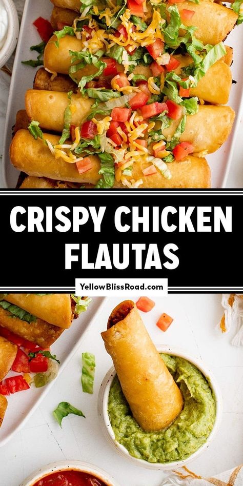 Crispy Chicken Flautas are flour tortillas rolled with flavorful chicken and fried until golden and crispy. Serve as an appetizer or meal. Flour Tortilla Flauta, Fried Flautas Recipe, Fried Chicken Tacos Flour Tortillas, Flautas Recipe Chicken, Baked Chicken Flautas, Chicken Flautas Recipe, Rolled Chicken Tacos, Flautas Recipe, Chicken Flautas