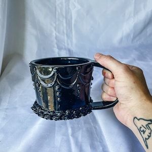 Gothic Ceramics, Gothic Ceramic Art, Goth Pottery, Goth Ceramics, Goth Ceramic Art, Cake Ceramic, Fairy Ceramic Mugs, Cake Mug, Fake Cake