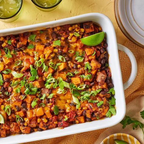 Cheesy Sweet Potato & Black Bean Casserole Sweet Potato Black Bean Casserole, Cheesy Sweet Potato, Vegetarian Enchilada Casserole, Black Bean Casserole, Sweet Potato Black Bean, Dinner Casserole Recipes, Easy Vegetarian Dinner, Sweet Potato Black Beans, Vegetarian Main Dishes