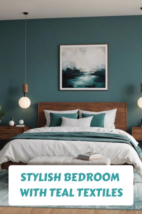 Stylish bedroom with teal textiles, featuring a wooden bed and nightstands, pendant lights, and abstract wall art. Tan And Teal Bedroom, Light Teal Room, Teal And Beige Bedroom, Turquoise Bedroom Ideas For Adults, Dark Teal Bedroom Ideas, Dark Teal Bedroom, Dark Wood Bed Frame, Teal Bedroom Ideas, Ensuite Bathroom Designs