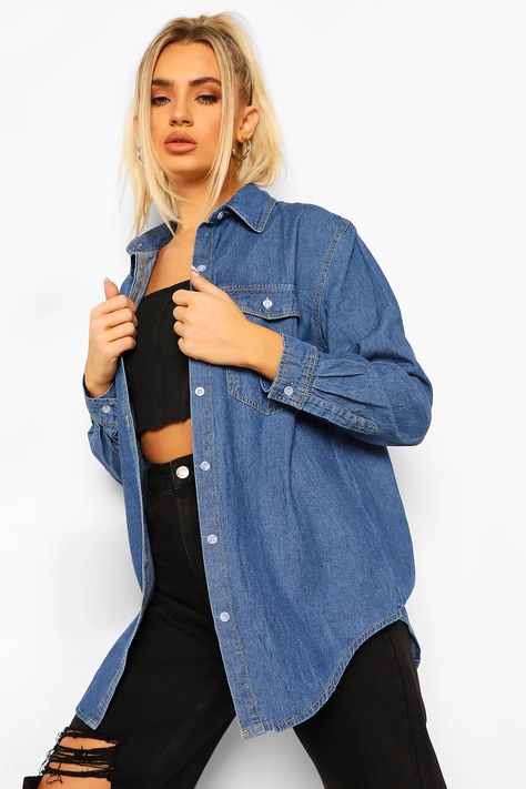 Oversized Denim Shirt | boohoo White Blouse Designs, Denim Shirt Outfit, Oversized Denim Shirt, Womens Denim Shirt, Denim Crop Top, Double Denim, Denim Trends, Denim Button Down, Oversized Shirt