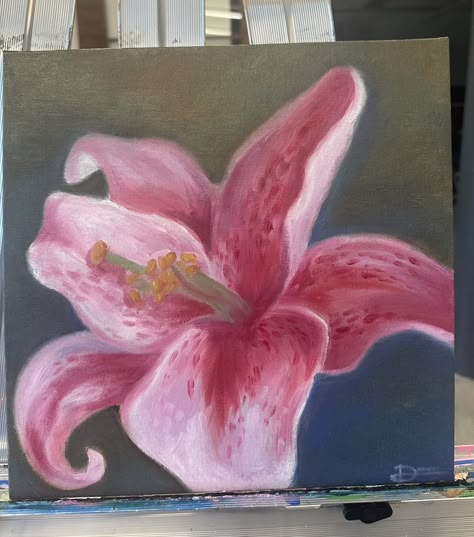 Pink Flower Paintings, Background Painting Ideas, Lilly Painting, Flower Paintings On Canvas, Paintings Oil Paint, Art Alevel, Lily Painting, Flower Artists, Painting Canvases