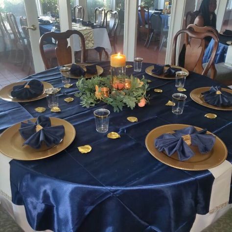 Navy Blue Napkins, Event Decor Ideas, Satin Tablecloth, Party Decorations Table, Gold Rimmed Glasses, Blue Decorations, Gold Table Setting, Napkins Rings, Candle Holder Centerpiece