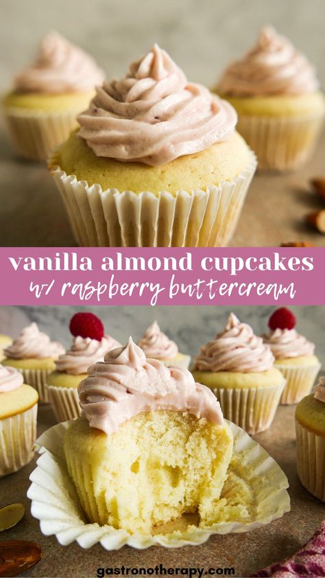 Sliced vanilla cupcakes on a table. What Is Cake Flour, Mother's Day Dessert, Almond Cupcakes, Cake Portions, Mothers Day Desserts, Raspberry Buttercream, Delicious Cupcakes, Cupcake Cake Designs, Raspberry Almond