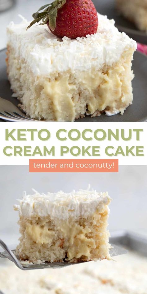 This Keto Coconut Cream Poke Cake is fun to make and it's not particularly difficult. It doesn't rely on boxed mixes or instant pudding, but it comes together easily. And the creamy rich coconut flavor can't be beat! Keto Poke Cake, Coconut Cream Poke Cake, Coconut Cream Filling, Cream Poke Cake, Sugar Free Whipped Cream, Whipped Cream Topping, Poke Cake Recipe, Postre Keto, Low Carb Cake