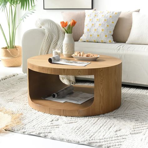 Latitude Run® Round Coffee Table with Solid Wood Veneer (Natural Oak) | Wayfair Coffee Table Round Wood, Wood Coffee Table Design, Modern Industrial Coffee Table, Round Wooden Coffee Table, Zen Living, House Improvement, Round Coffee Table Modern, Dining Room Cozy, Round Wood Coffee Table