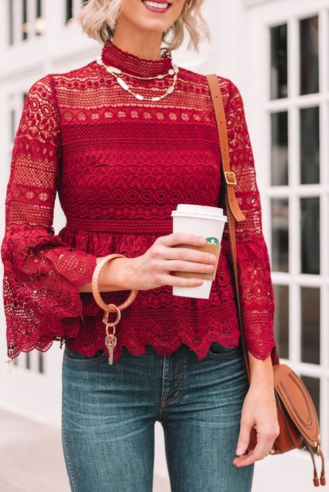 lace peplum top perfect for the holiday season Red Lace Top Outfit, Lace Top Outfit, Red Lace Blouse, Lace Peplum Blouse, Red Lace Top, Straight A, Looks Jeans, Pink Lace Tops, Blouse Back Neck Designs