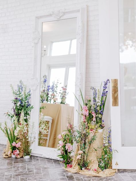 Floral Bridal Shower Theme, Garden Party Ideas, Garden Party Bridal Shower, Bridal Shower Inspo, Statement Mirror, Garden Bridal Showers, Bridal Shower Backdrop, Wildflower Baby Shower, Spring Bridal Shower