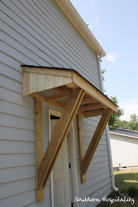 This little roof will provide weather protection and add style to this exterior door. (by Rhoda at Southern Hospitality) Outside Door Covering Ideas, Awning Over Door, Door Overhang, Diy Awning, House Awnings, Side Entrance, Canopy Bedroom, Porch Roof, Door Awnings