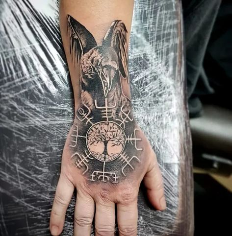 Viking Tattoos Hand, Odin Hand Tattoo, Viking Hand Tattoos For Guys, Viking Hand Tattoo, Viking Tattoo Ideas, Ancient Viking Symbols, Women Viking, Tattoo Cover Ups, Famous Tattoos