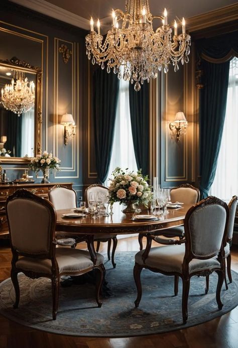 20 Chic Dining Room Ideas To Copy 6 Edwardian Home Decor, Breakfast Table Decor Ideas, Dinning Room Decor Ideas Modern Luxury, Dark Academia Dining Room, Queen Anne Dining Room, Modern Victorian Dining Room, Victorian Dining Room Ideas, Chic Dining Room Ideas, Traditional Formal Dining Room