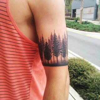 This tree line tattoo is awesome. Tree Line Tattoo, Euphoria Tattoo, Tree Tattoo Ideas, Natur Tattoo Arm, Pine Tattoo, Tree Tattoo Arm, Pine Tree Tattoo, Forest Tattoos, Tree Tattoo Designs