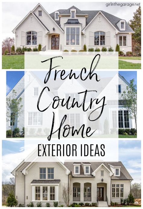 French Country House Exterior Ideas - Girl in the Garage French Cottage Homes Exterior, French Country Elevations, French Chateau Style Homes Exterior, Southern French Country Home Exterior, French Country Estate Exterior, French Country Stucco Exterior, Custom Homes Exterior, Front Elevations Of Homes, French Country House Exterior One Story