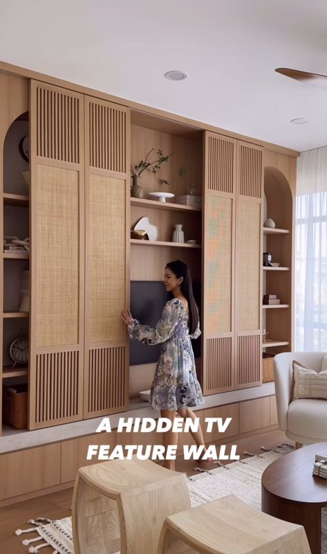 Japandi Bedroom Tv Wall, Cane Tv Built In, Mid Century Tv Wall, Tv Wall Design Japandi, Japandi Tv Wall Unit, Japandi Hidden Door, Wall Unit Living Room, Bedroom Joinery, Uk Interior Design