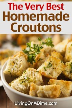 Home Made Croutons Recipe, Bread Tips, How To Make Croutons, Crouton Salad, Croutons Recipe, Crouton Recipes, Leftover Bread, Croutons Homemade, Reducing Waste