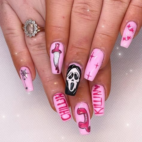 Pinky Chillin Killin Scream Nails Girly Scream Nails, No You Hang Up Scream Nails, Ghost Face Nails Pink, Scream Face Nails, Pink Scream Halloween Nails, Ghost Face Nails Acrylic, Scream Nails Halloween, Pink Scream Nails, Scream Nails Acrylic