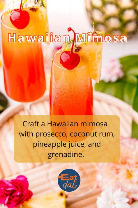 Island Mimosa Recipe, Tropical Champagne Cocktail, Hawaiian Mimosa Recipe, Mimosa Juice Flavors, Hawaiian Mimosa, Unhealthy Drinks, Champagne And Orange Juice, Tropical Mimosa, Cruise Cocktails